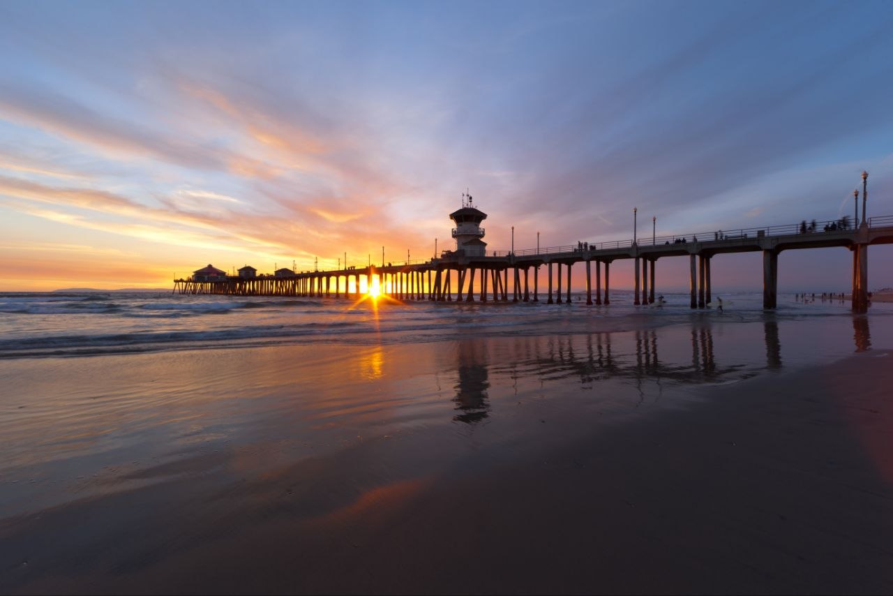 Huntington Beach Pier sunset with reflection